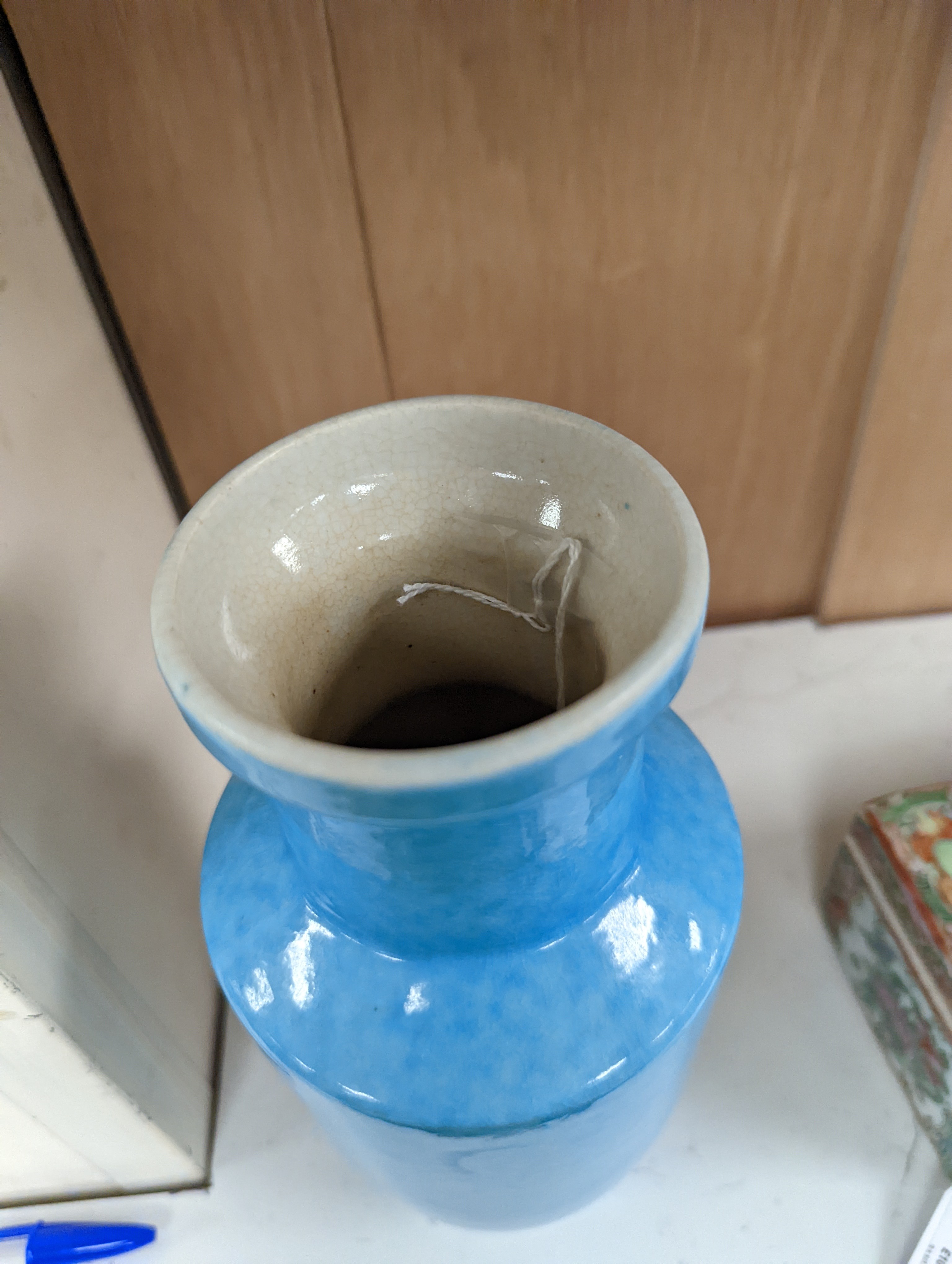 A Chinese turquoise glazed vase 22cm, with a fine crackle to the exterior glaze